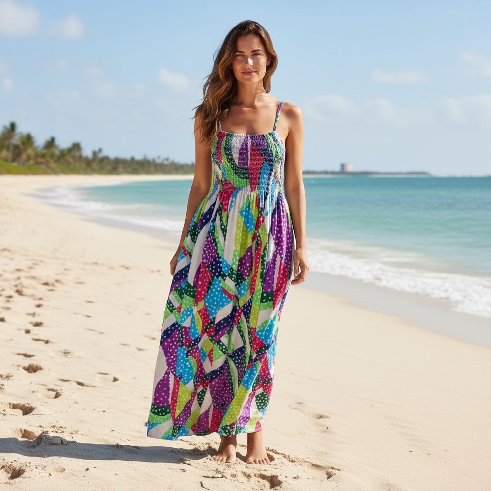 Isla Bonita Boho Smocked Maxi Dress Multicolor One Size Beach Cover Up Sundress